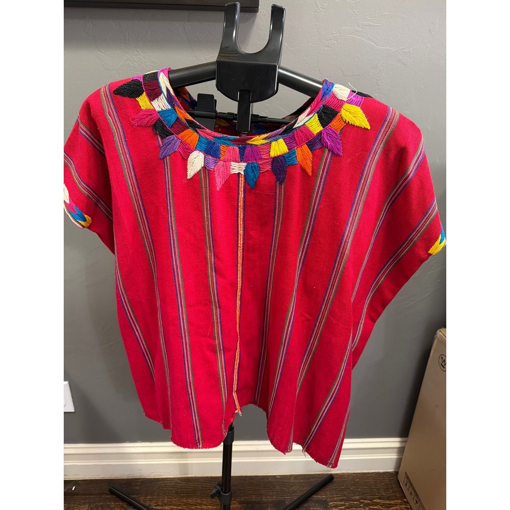 Vintage Guatemalan Huipil Hand Embroidered Red Cotton Tunic Boho Folk Art Top